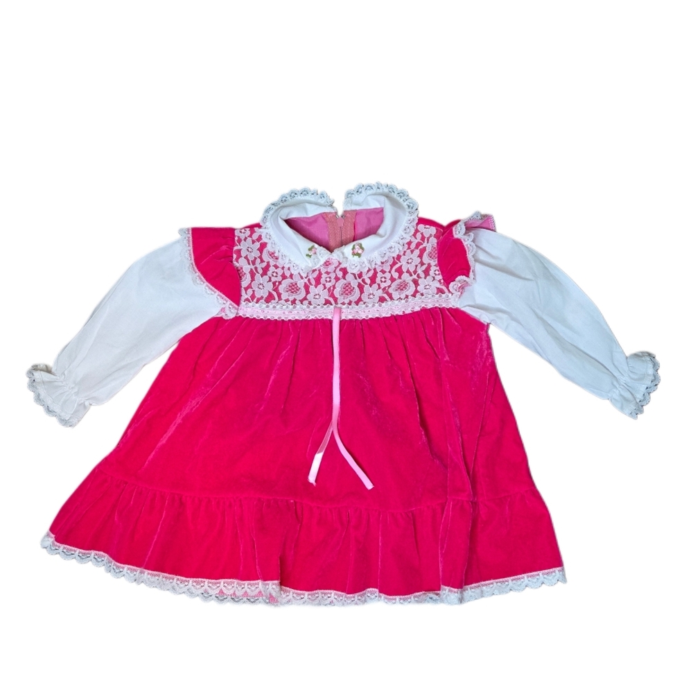Vintage‎ 70s Baby Velvet Dress 12M Lace Collar Long Sleeve Holiday Portrait